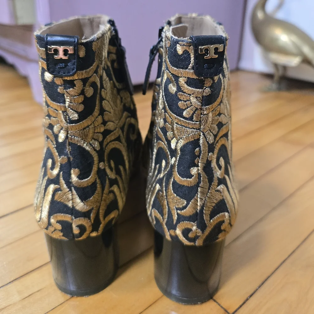 Tory Burch Borcade Carlotta Gold and Black Ankle Boots Size 8